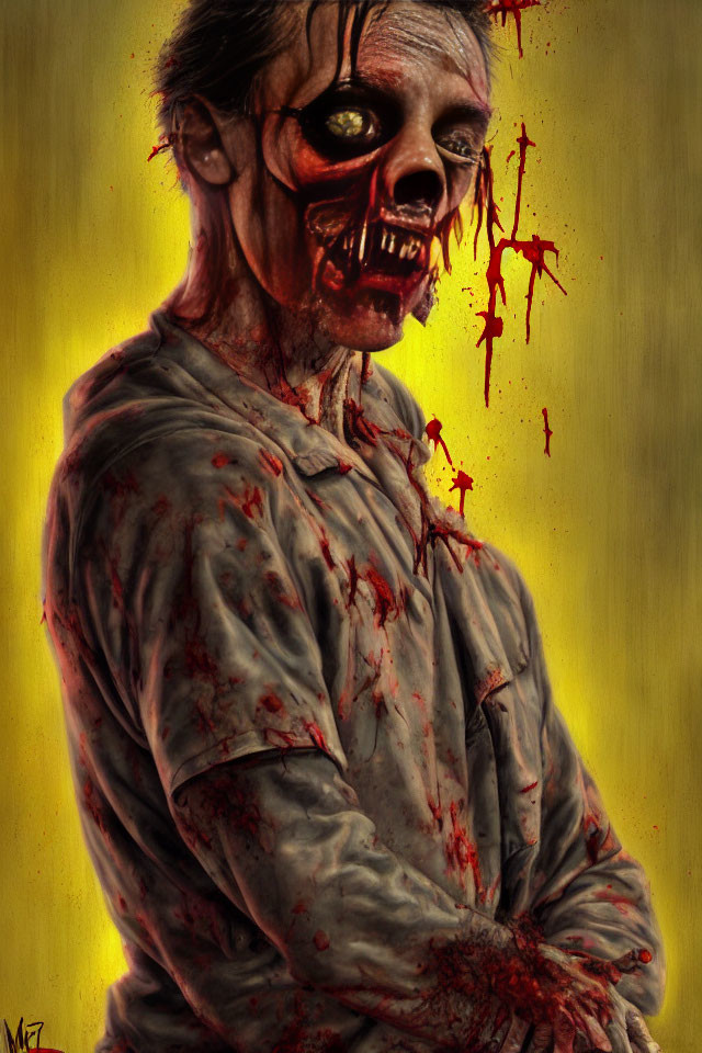 Gory zombie illustration with decayed flesh and blood stains