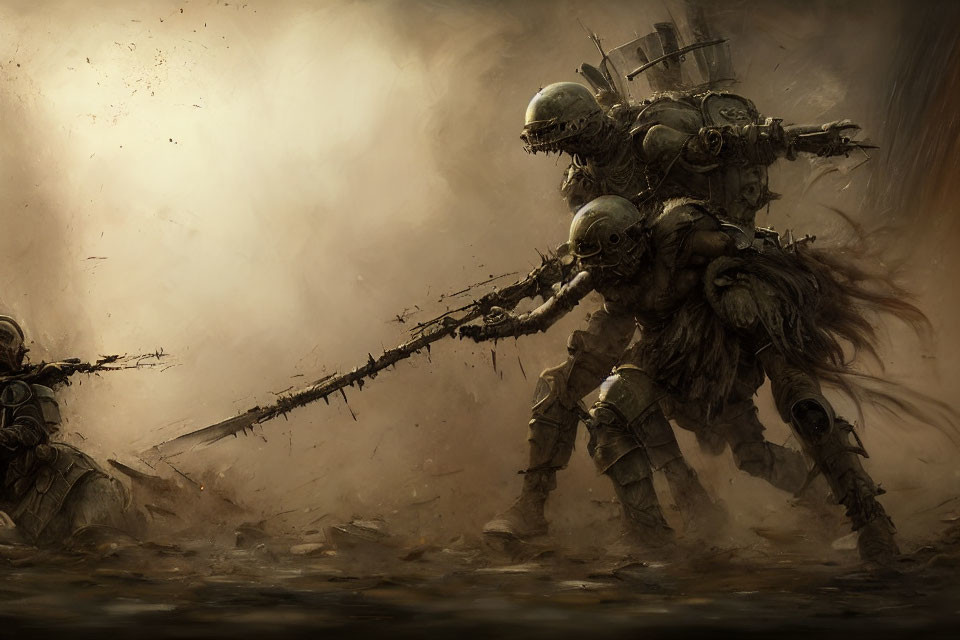 Futuristic warriors in battle armor with long spear-like weapon in dusty field