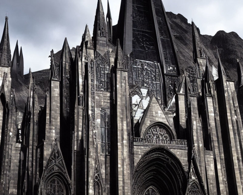 Gothic Cathedral with Pointed Arches and Spires against Cloudy Sky