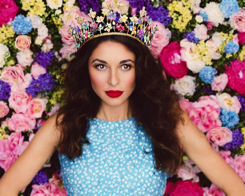 Woman in Crown with Red Lipstick in Colorful Floral Setting