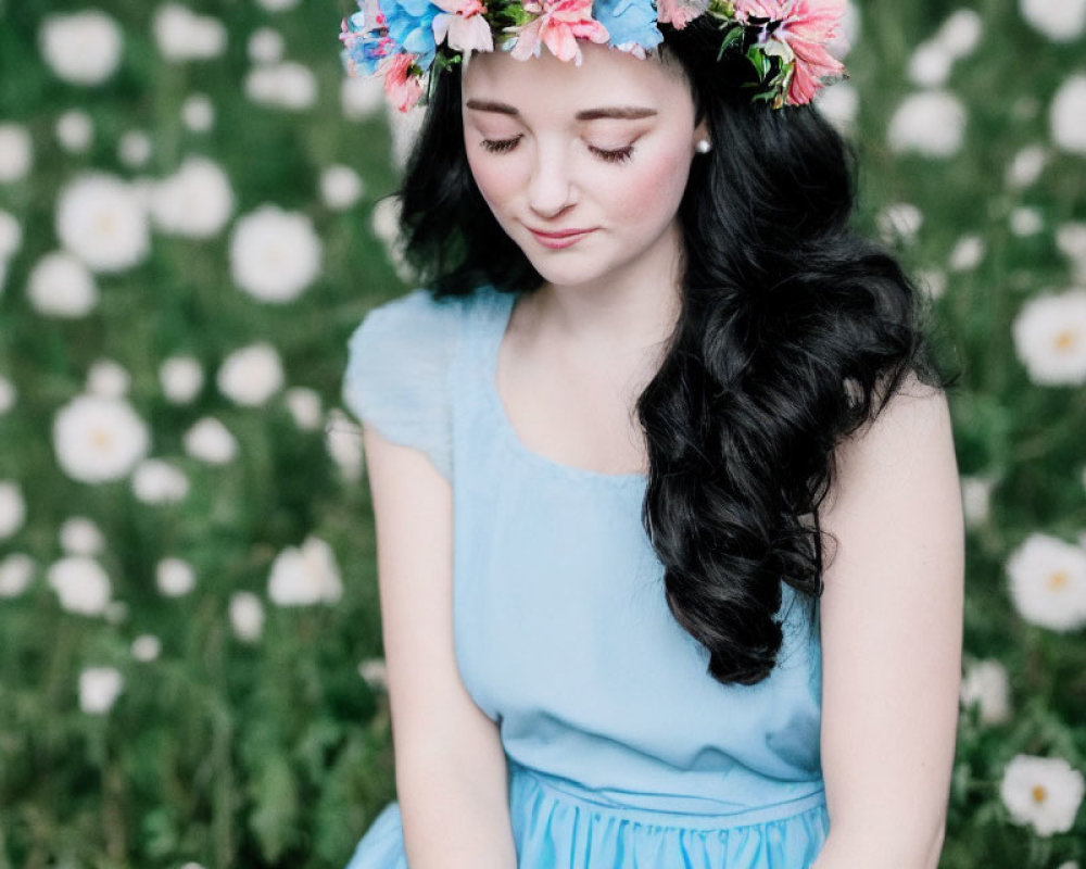 Woman in Blue Dress with Floral Crown Sitting in Daisy Field