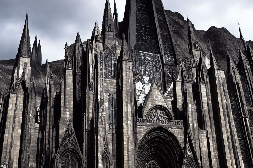 Gothic Cathedral with Pointed Arches and Spires against Cloudy Sky