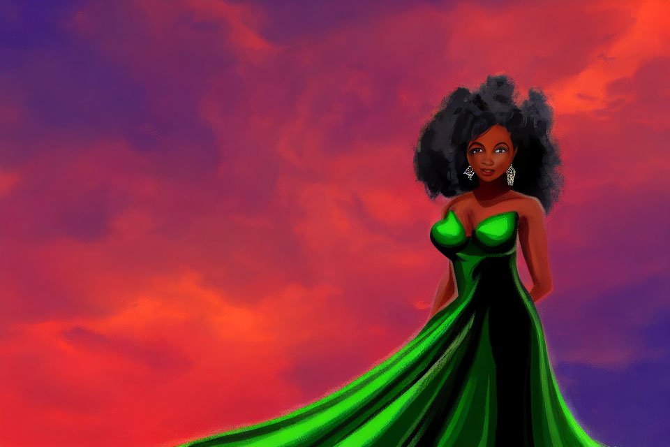 Woman in flowing green dress against vivid sky with curly black hair.