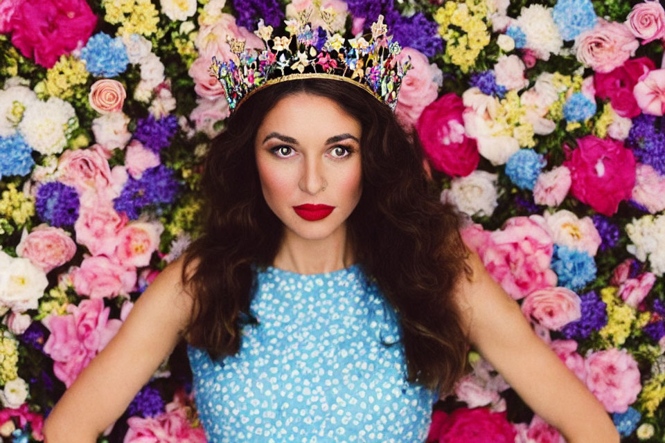 Woman in Crown with Red Lipstick in Colorful Floral Setting