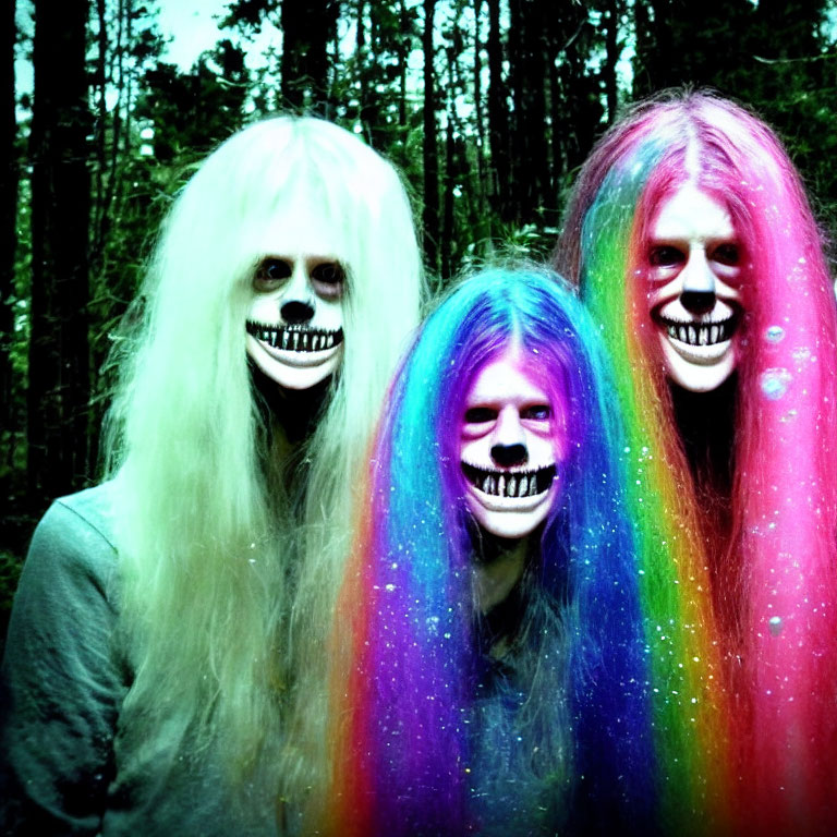 Three people with skull face paint and rainbow hair in forest setting