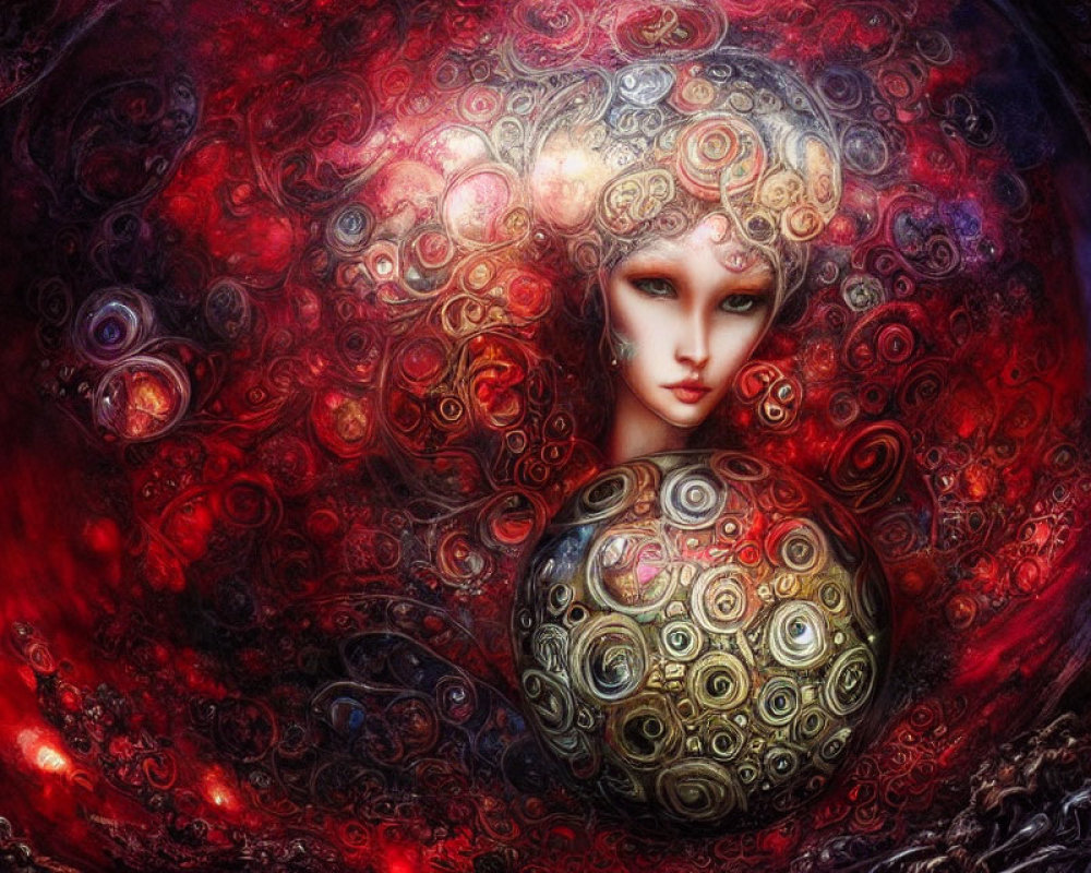 Surreal portrait of woman with pale skin, bold red lips, holding ornate sphere