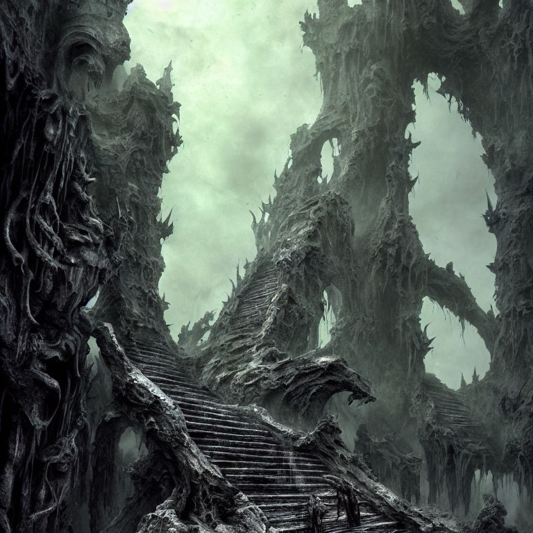 Fantasy landscape with twisted spires and eerie staircase under green sky.