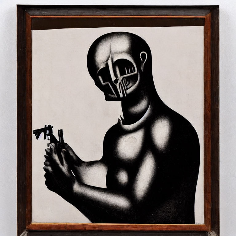 Monochromatic framed artwork of stylized figure with mechanical head and gun