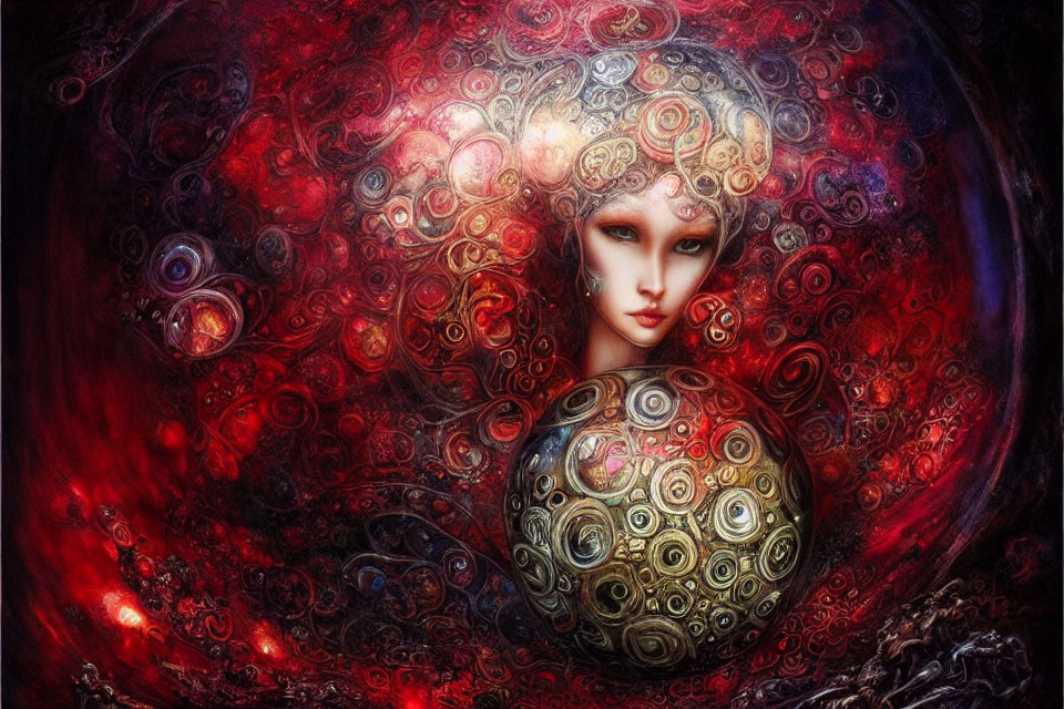 Surreal portrait of woman with pale skin, bold red lips, holding ornate sphere