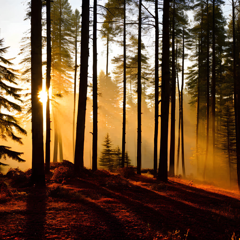 Misty forest at sunrise with golden light and long shadows