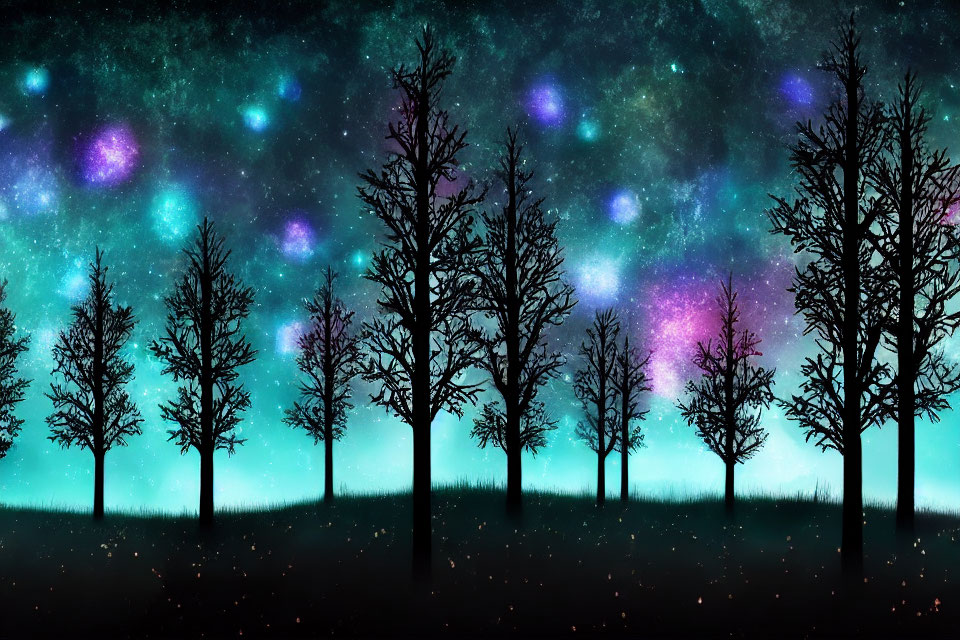 Night Sky: Bare Trees Silhouetted Against Vibrant Cosmic Colors