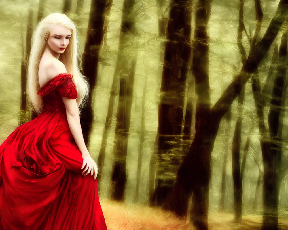 Woman in Red Gown in Misty Forest with Sunlight