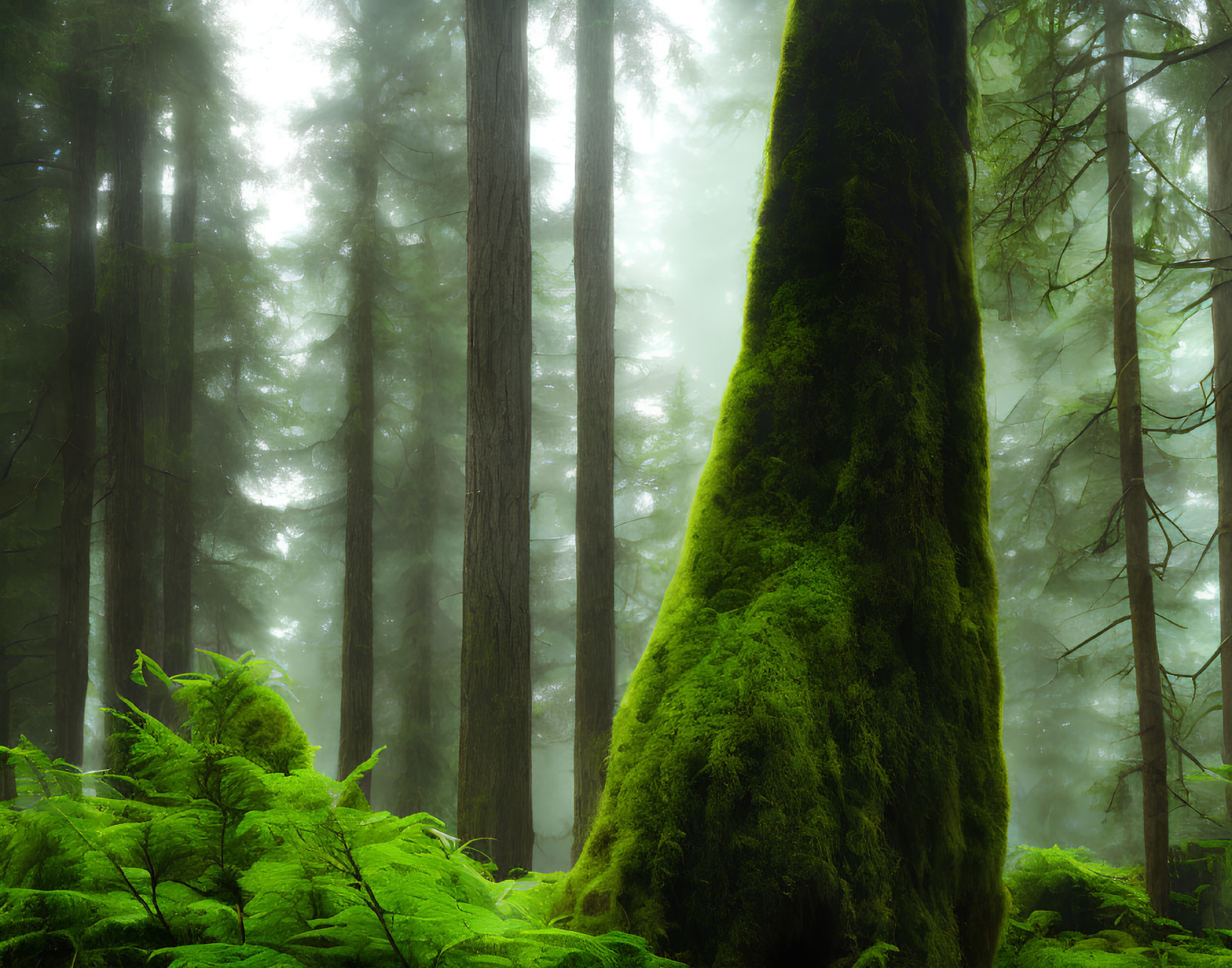 Misty green forest with towering moss-covered trees and lush undergrowth