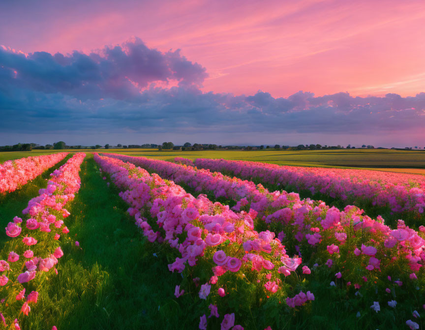 Vibrant pink flowers in field under dramatic sunset sky