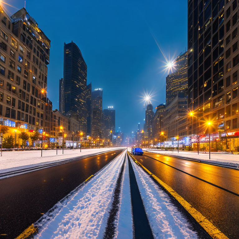 Snow-covered city street at night with tall buildings, streetlights, and blue car