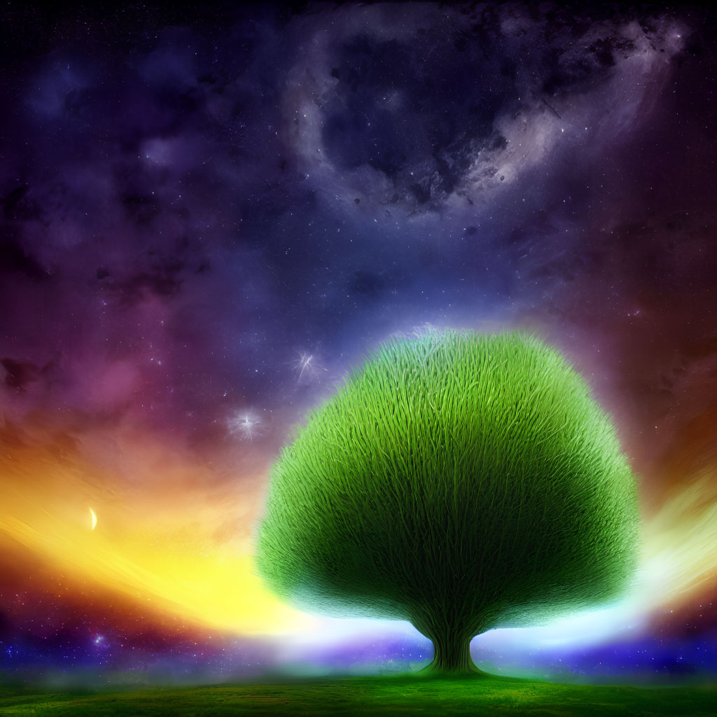 Colorful cosmic scene with vibrant tree against starry sky