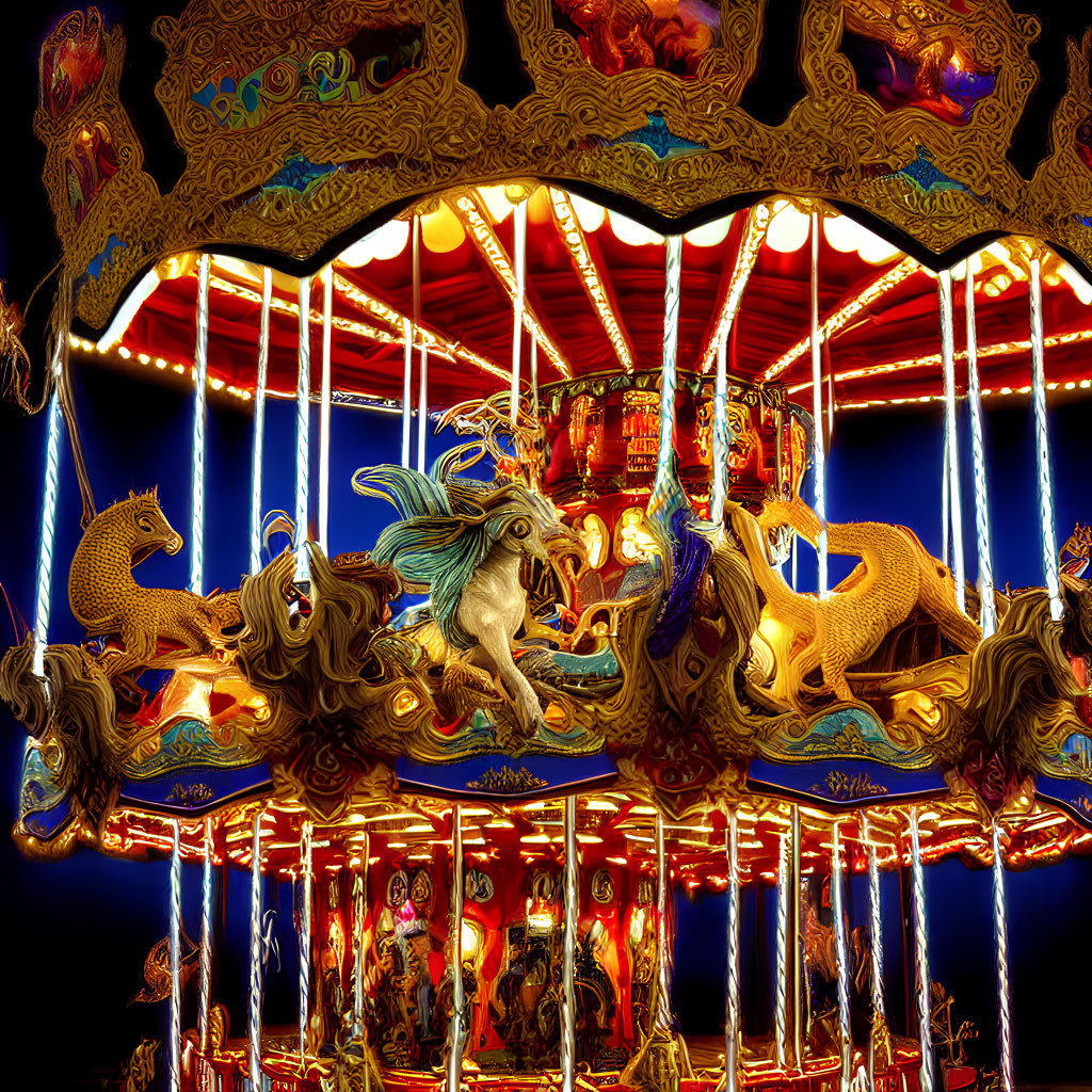 Colorful illuminated carousel animals under brilliant night canopy