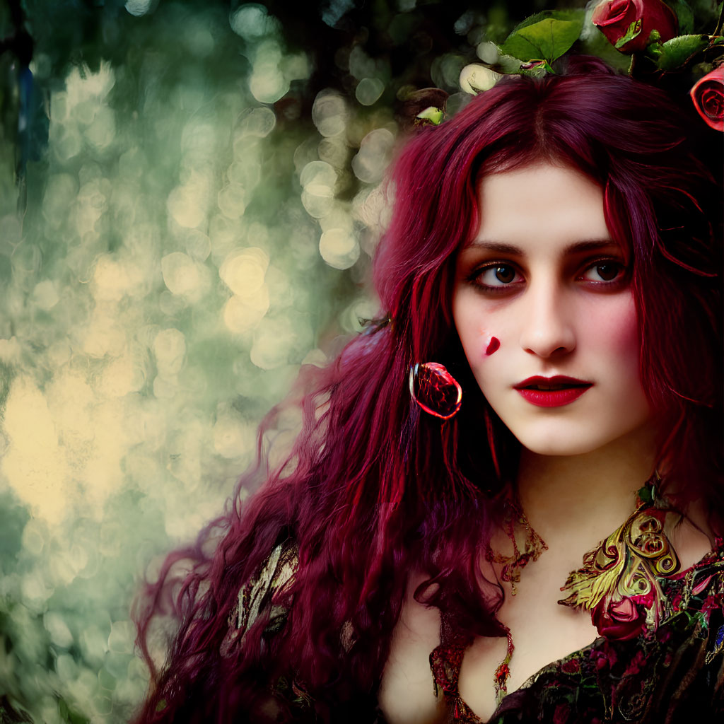 Red-haired woman in floral headpiece and vintage dress against bokeh backdrop