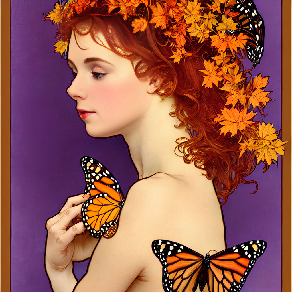 Red-haired woman with flowers and butterflies on purple background.