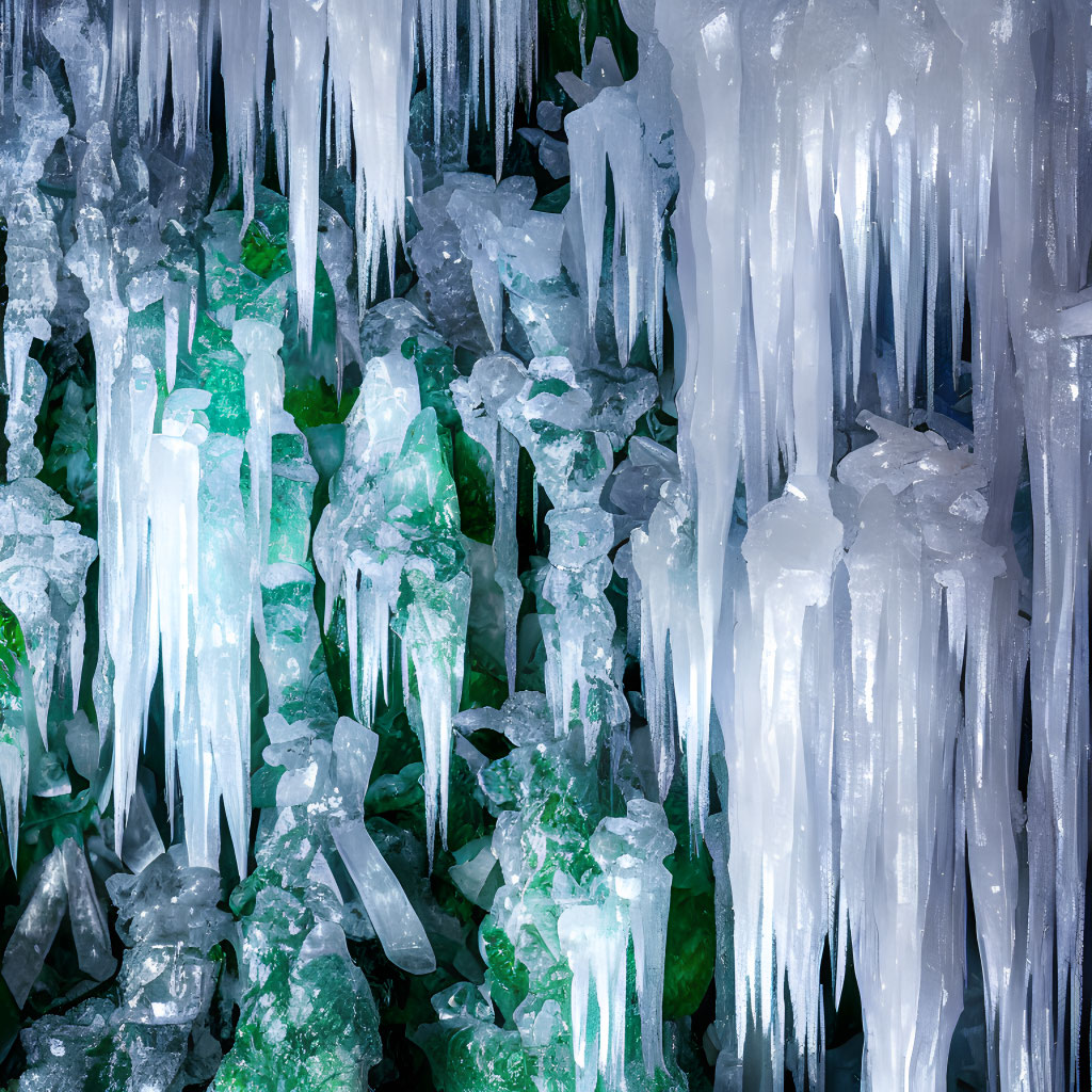 Collection of Sharp Crystalline Icicles with Green Tint