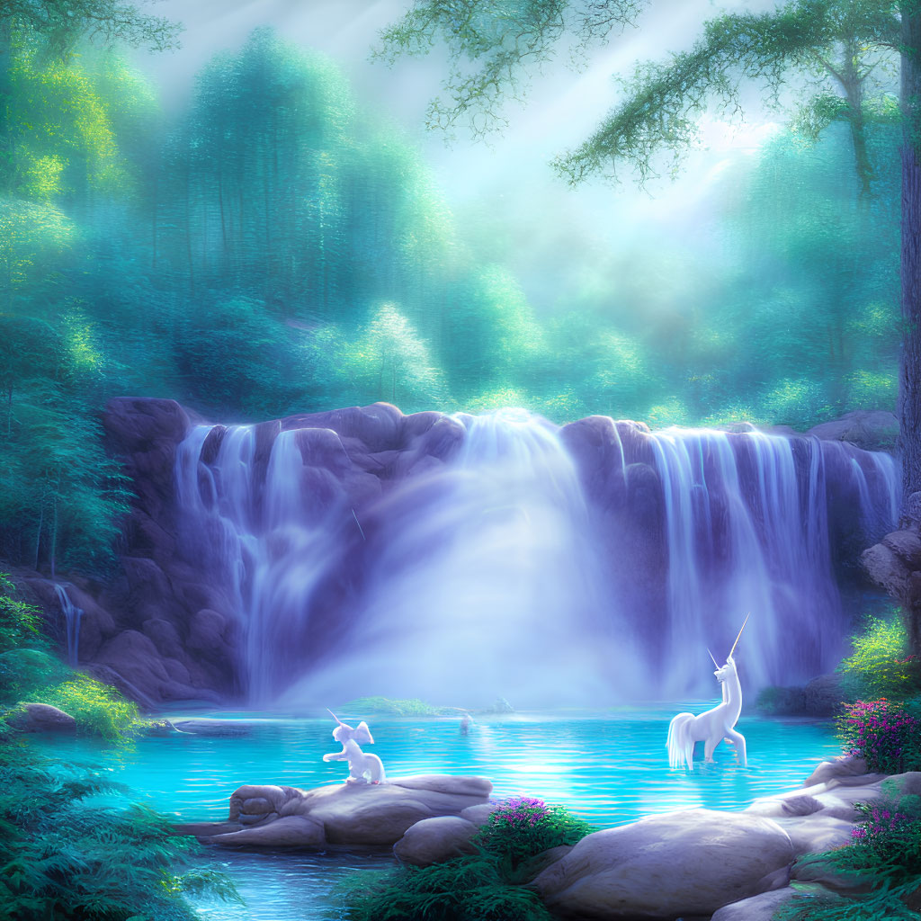 Serene waterfall scene with unicorns in misty forest