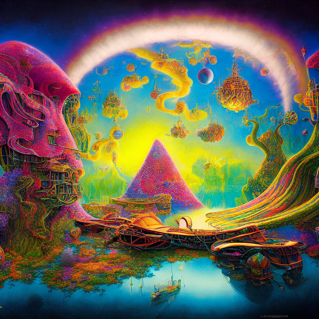 Colorful Psychedelic Artwork with Pyramid, Rainbow Arc, and Surreal Faces