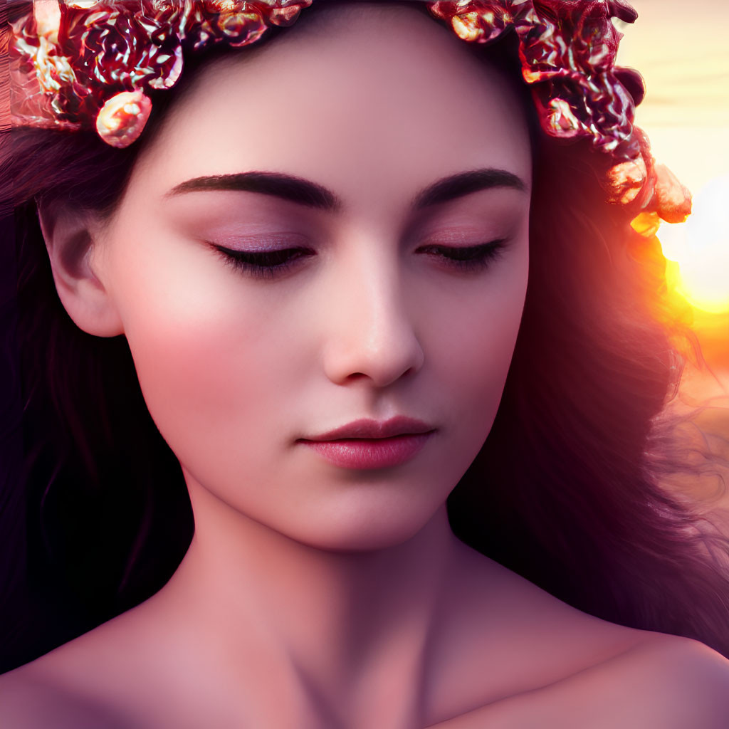 Serene woman with floral crown at sunset with eyes closed