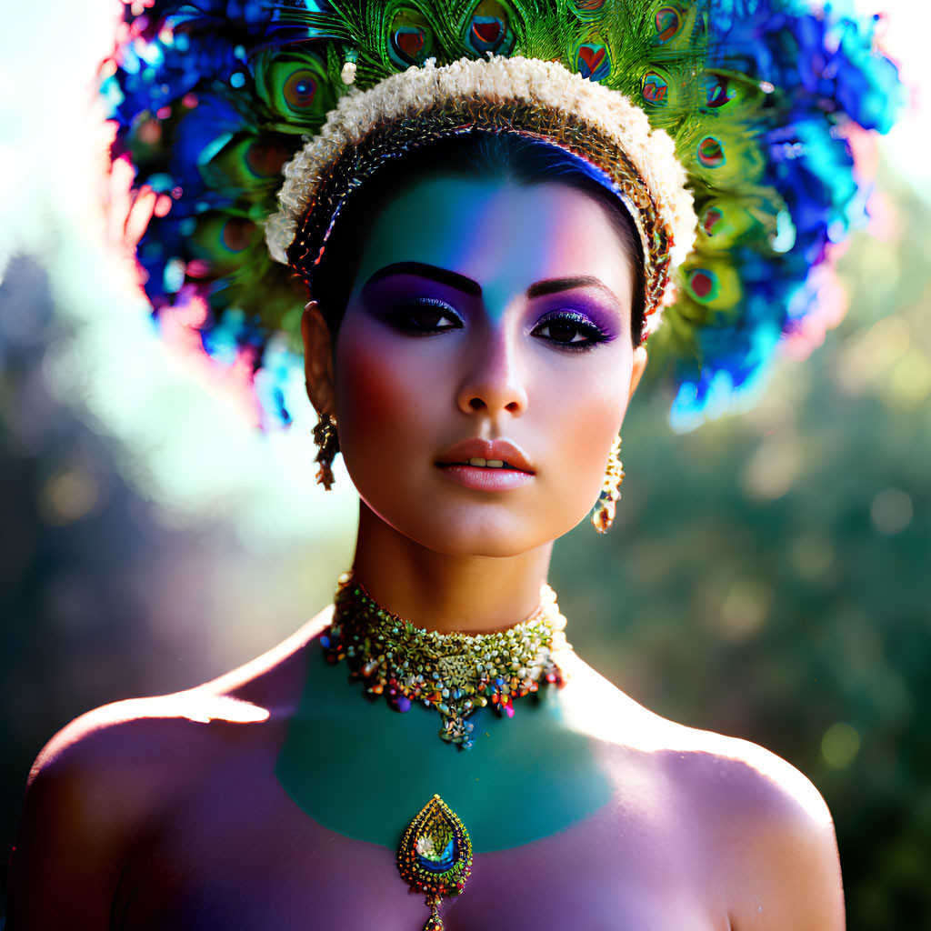 Portrait of a woman with peacock feather headdress and jewelry