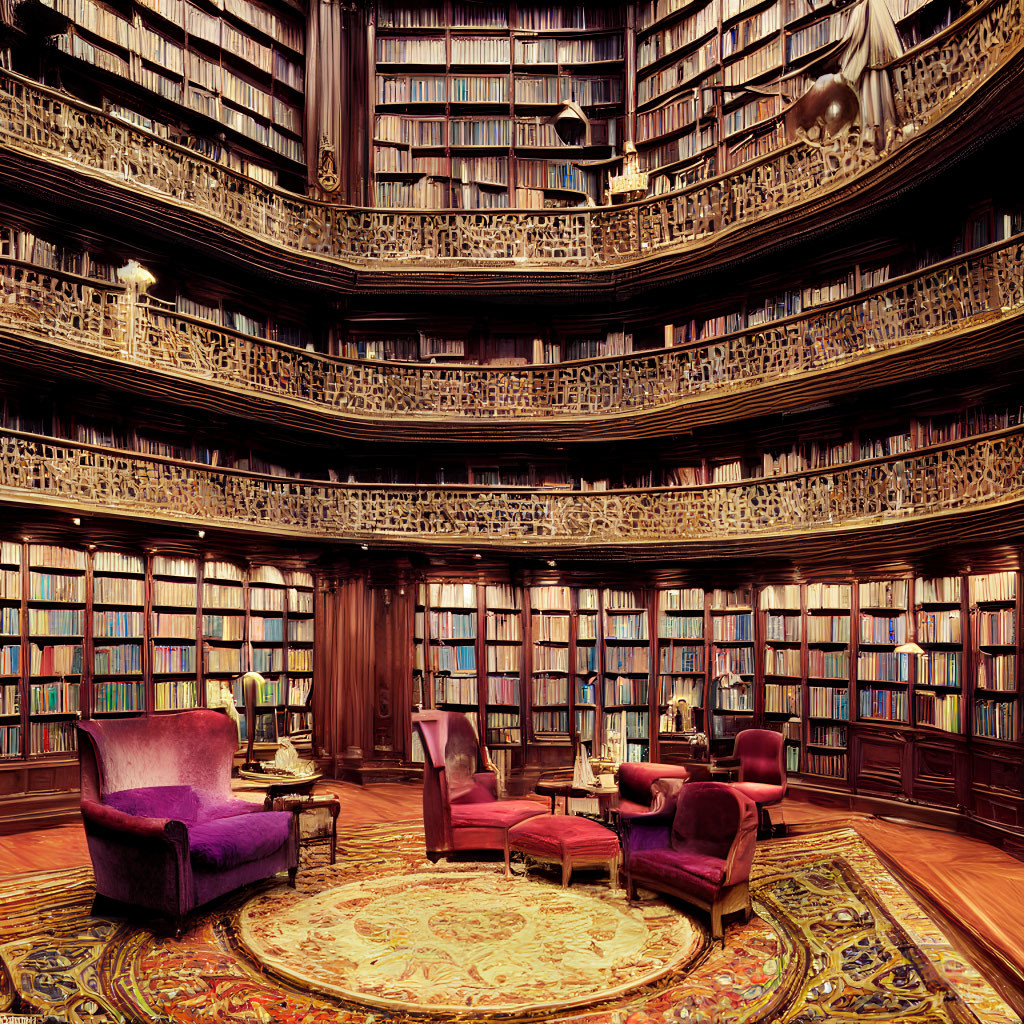 Circular opulent library with towering bookshelves and plush seating area.