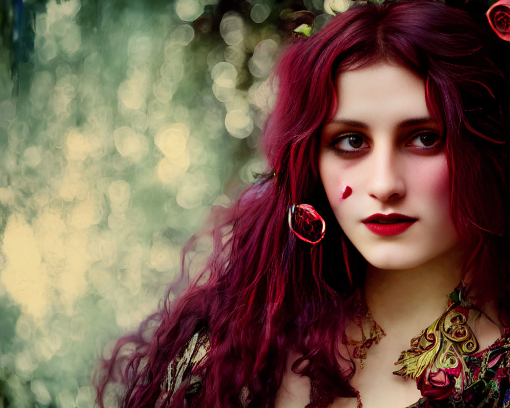 Red-haired woman in floral headpiece and vintage dress against bokeh backdrop