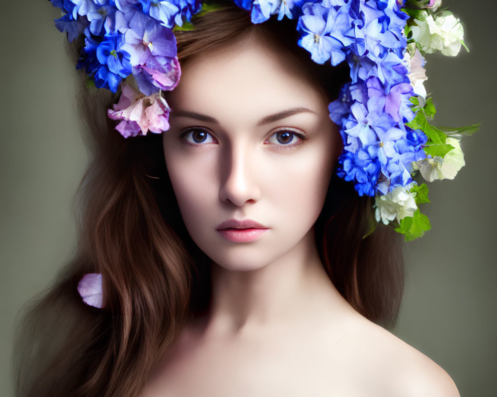 Woman with Blue and Purple Floral Crown and Long Wavy Hair