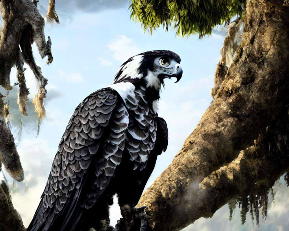 Black and White Osprey Perched on Tree Branch with Cloudy Sky