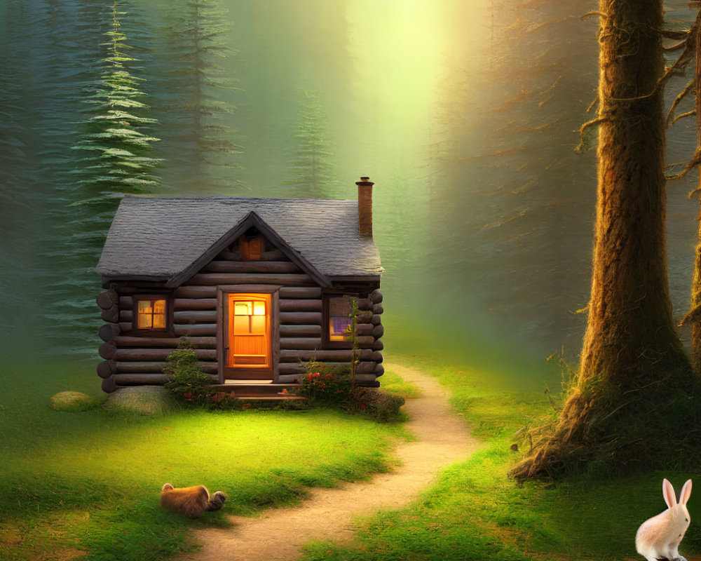 Serene forest clearing with cozy log cabin and white rabbit at dusk