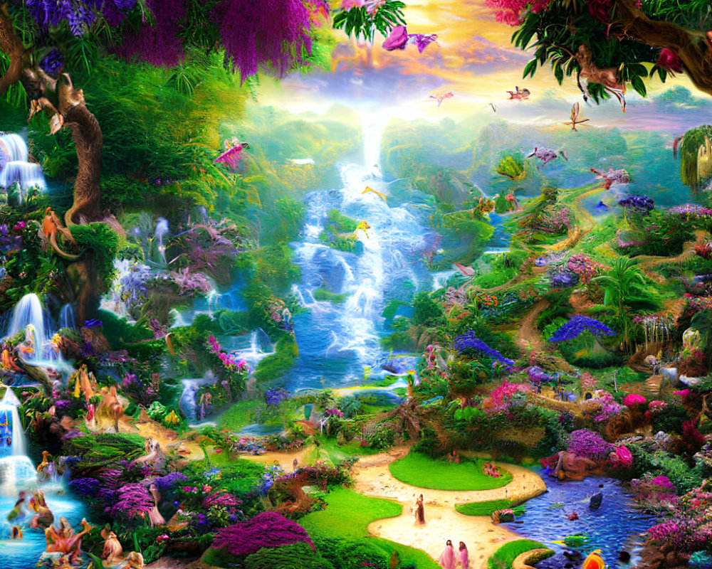 Fantastical landscape with waterfalls, lush vegetation, colorful flowers, and fanciful creatures