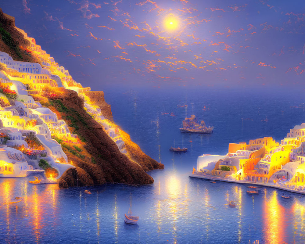 Twilight coastal scene with illuminated buildings, tranquil sea, boats, glowing moon