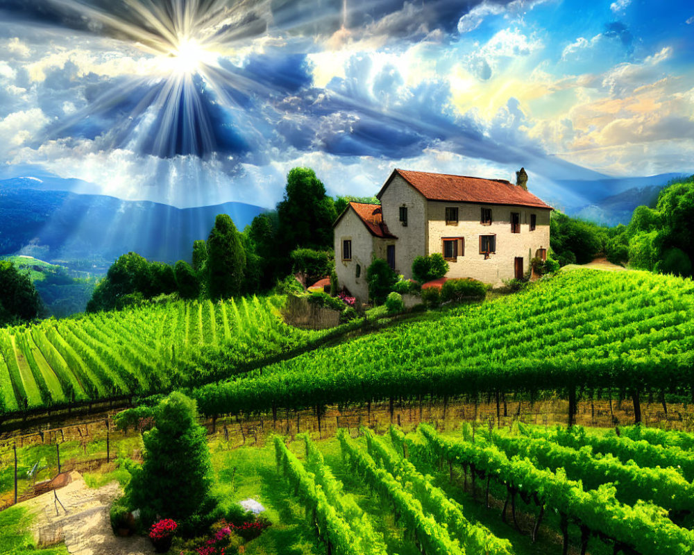 Vibrant vineyard scene with traditional house and rolling hills