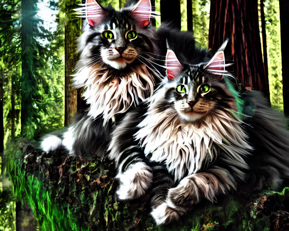 Fluffy cats with green eyes on mossy tree stump in forest