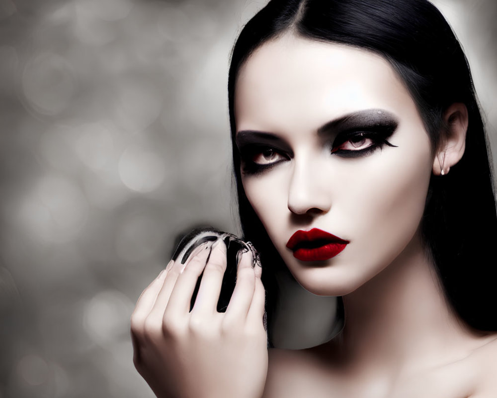 Person with dramatic makeup and metallic object against bokeh background