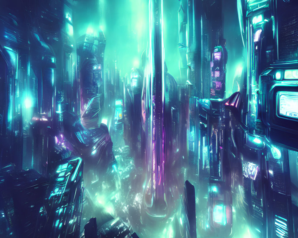 Futuristic cyberpunk cityscape with neon lights and skyscrapers