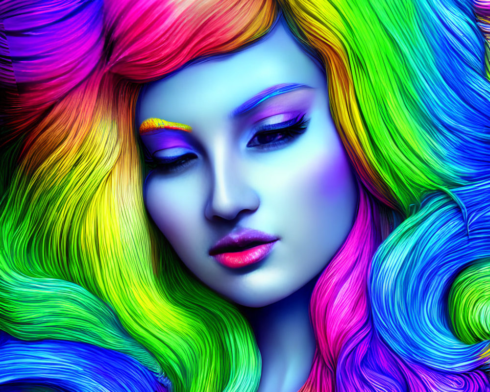 Vibrant multicolored hair and striking makeup in shades of blue, pink, yellow, and