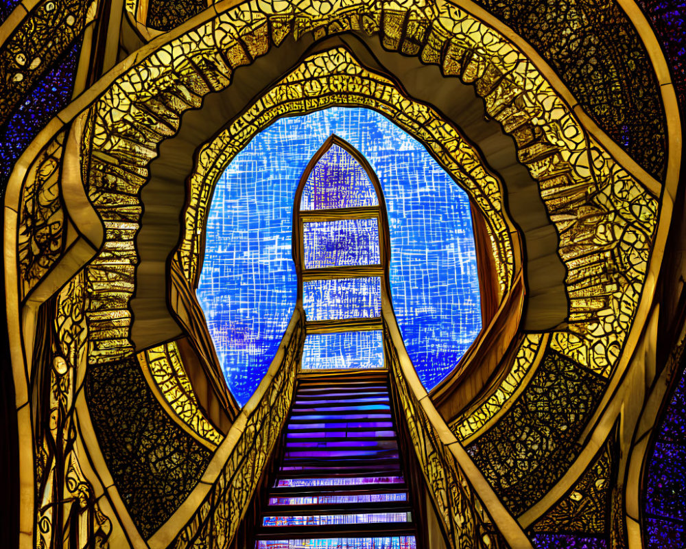 Colorful Arched Stained Glass Window Overlooking Staircase and Blue Sky