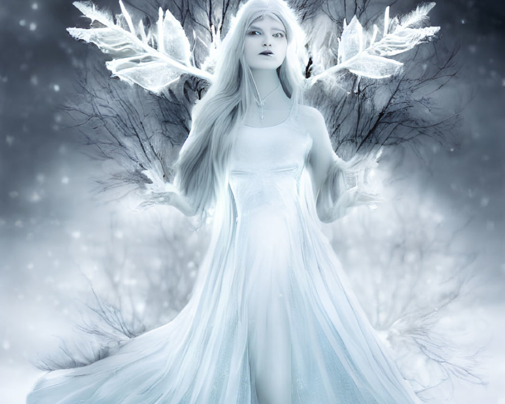 Surreal image of woman with icy butterfly wings in snowy landscape