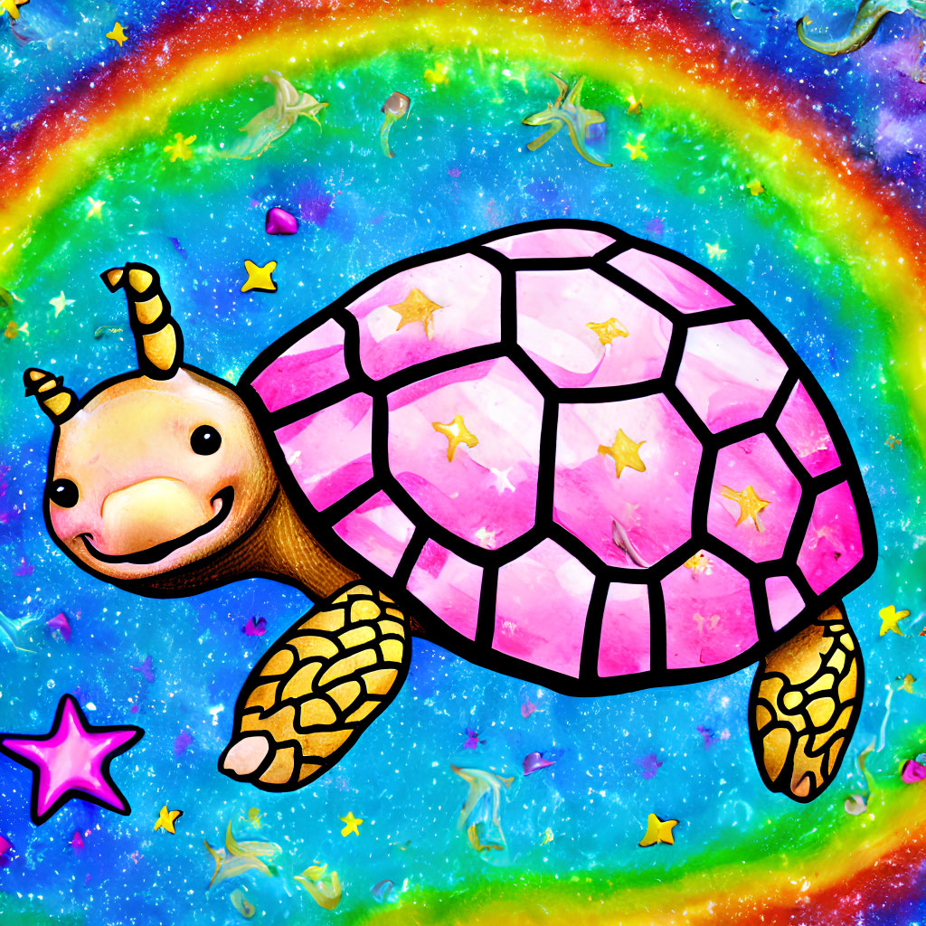 Colorful Cartoon Turtle with Pink Starry Shell in Cosmic Background