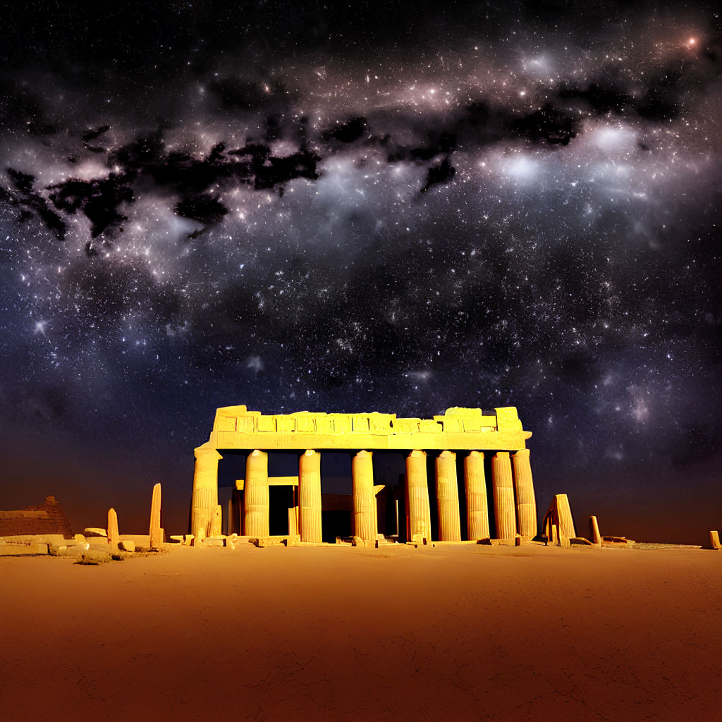 Ancient temple under starry sky with Milky Way visible