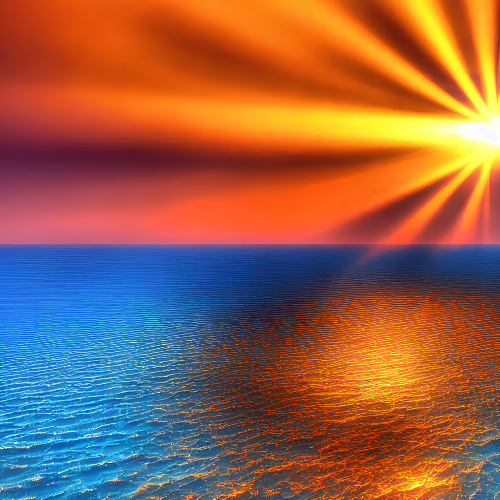 Scenic ocean sunset with radiant sunbeams and rippling water