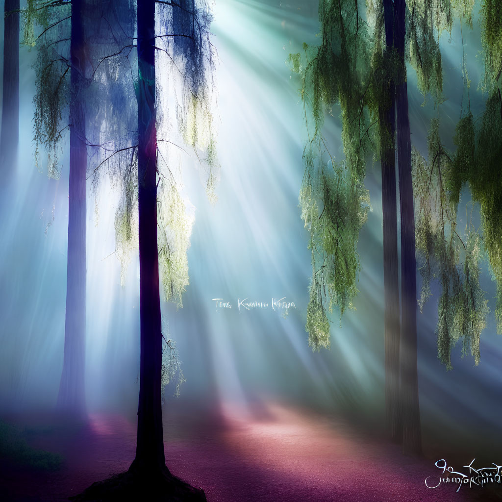 Enchanting forest scene with mystical light beams