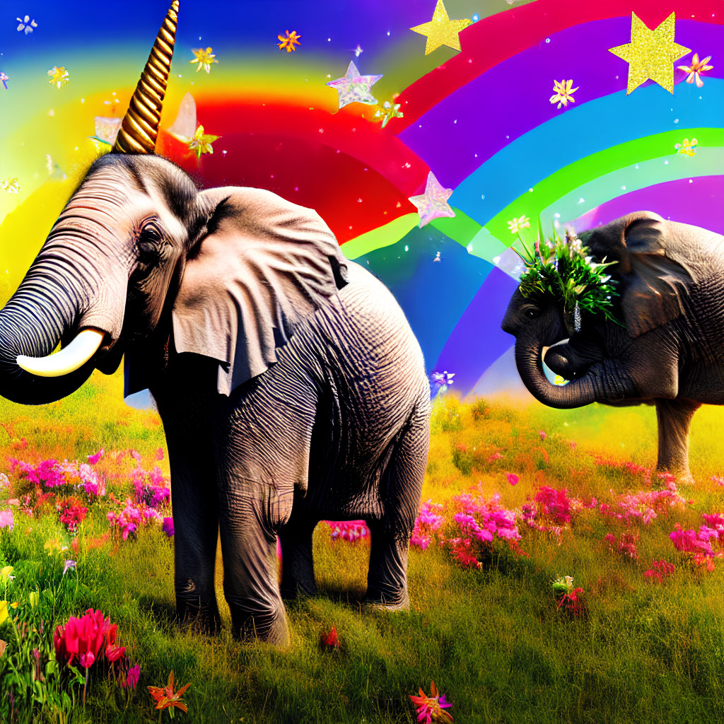 Colorful meadow scene: Two elephants, one with unicorn horn, under starry sky