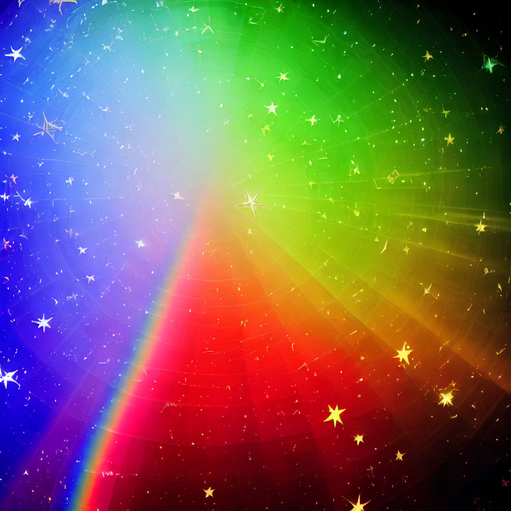 Colorful Rainbow Spectrum with Star-like Sparkles on Green, Red, and Blue Gradient