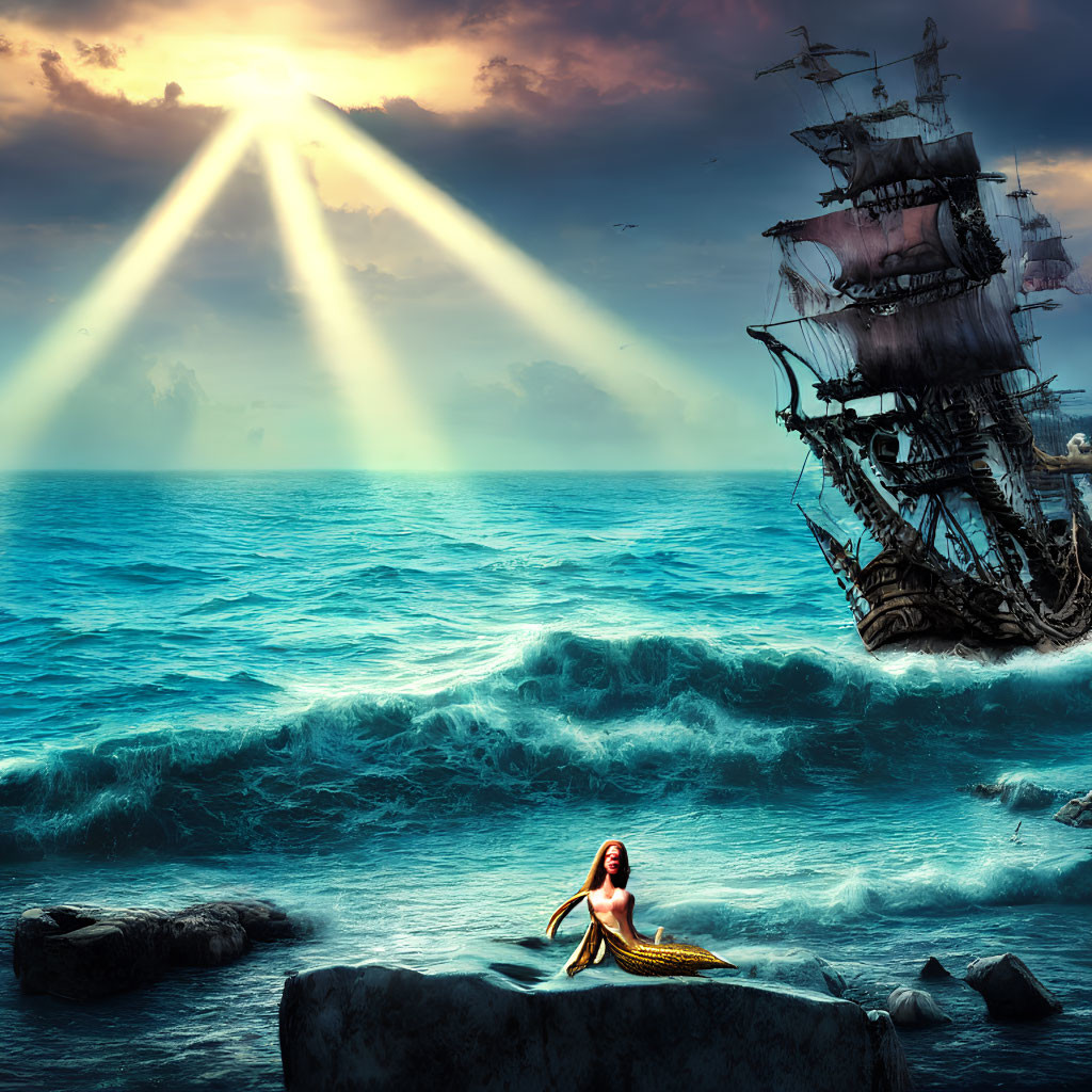 Mermaid on Rock in Turbulent Ocean with Ghostly Ship