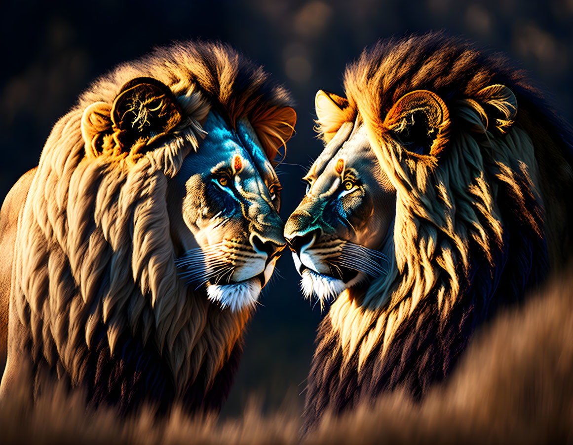 Colorfully painted lions mirroring in dark background